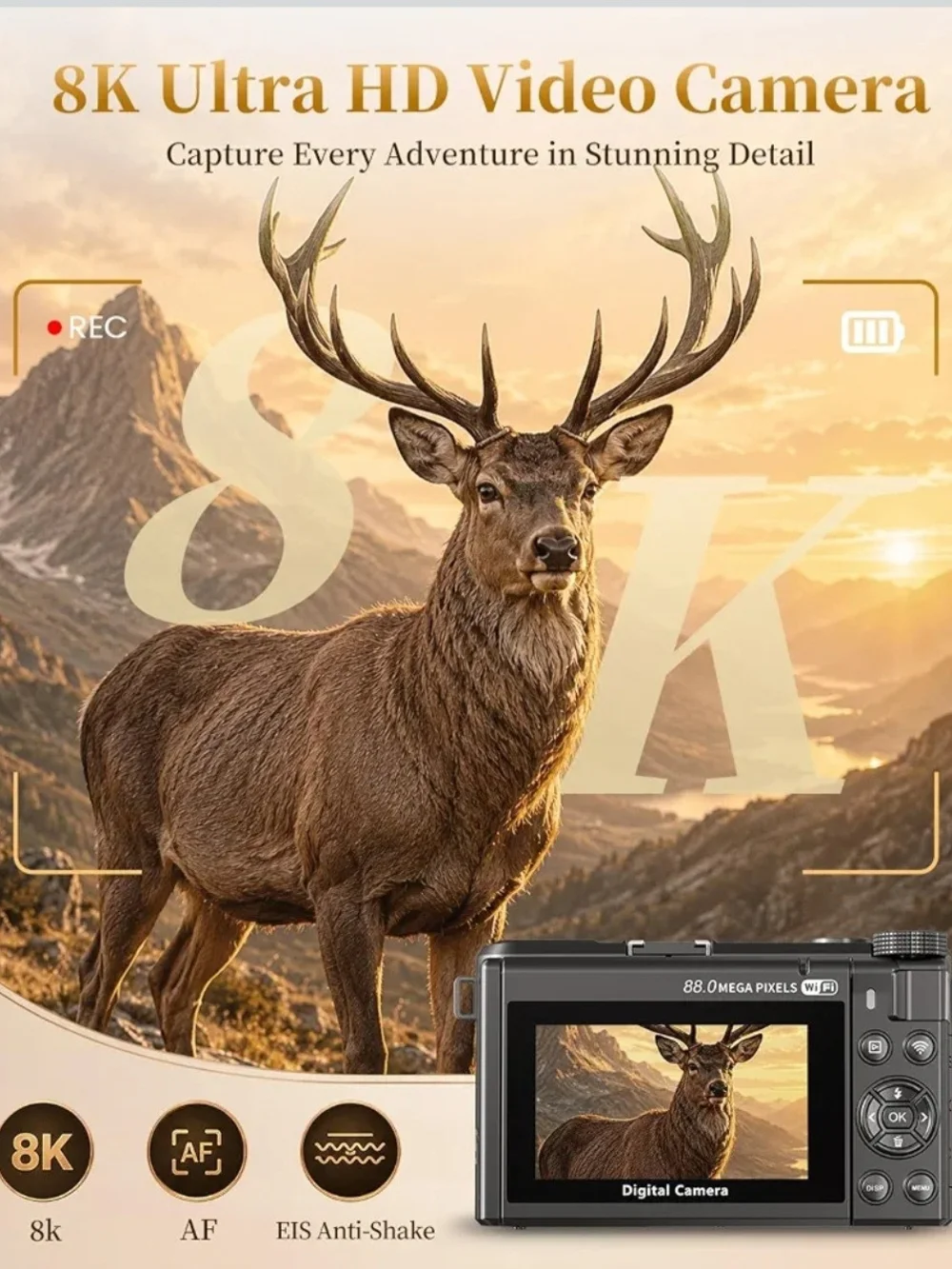 8K Digital Camera, 88MP Autofocus Camera for Beginners & Photography, WiFi 8K V